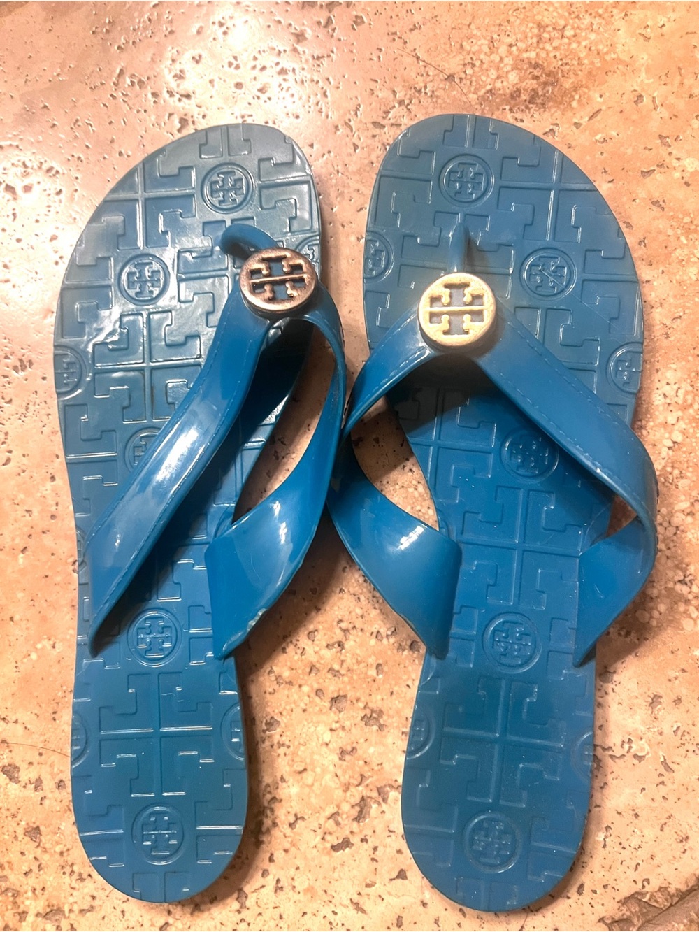 Tory Burch Teal Blue Logo Jelly Flip Flops
